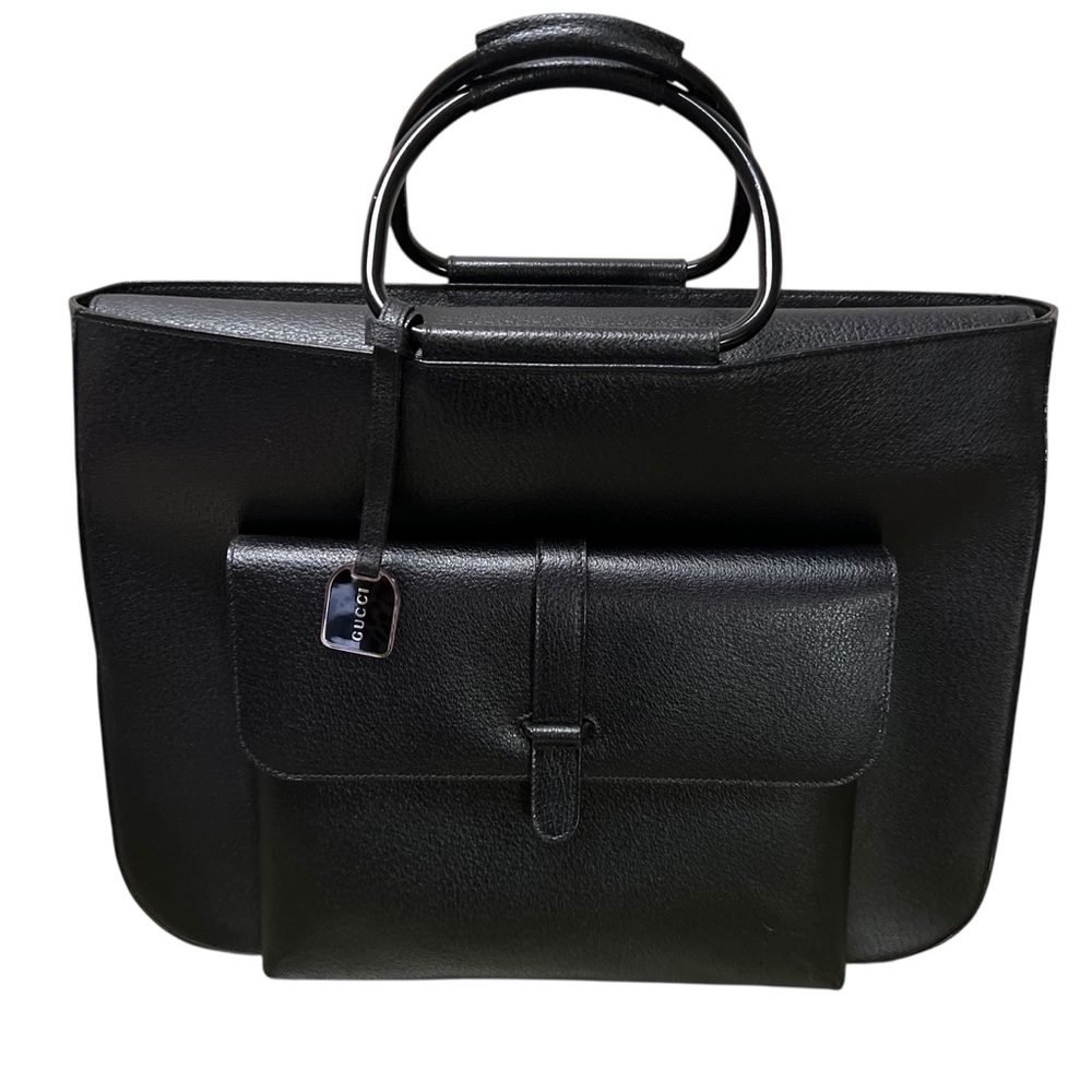 Gucci Large Leather Attache’ Laptop Tote Sleek Design w/ Metal Ring Handles.